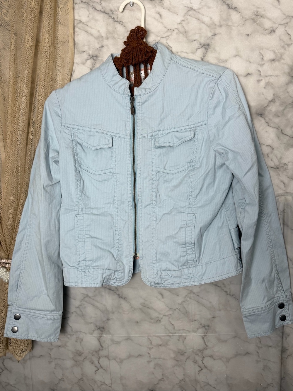 CAbi Powder Light Blue Cropped Moto Jacket Stretch Utility Floral Trim Inside L